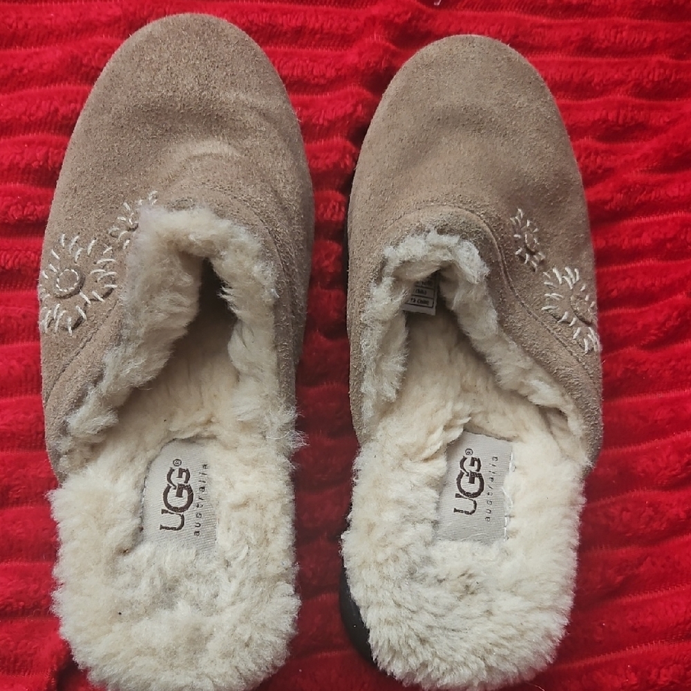 UGG Brown Suede Mules with Embroidery